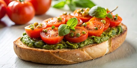 Fototapeta na wymiar Juicy Tomatoes on Fresh Bread with Pesto as Topping
