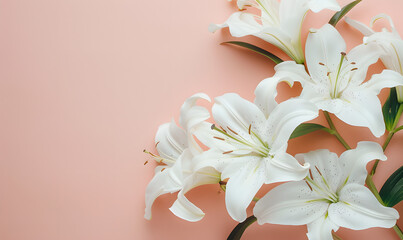 Fresh white lilies on pastel menthe light pink background, Generative AI