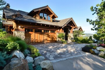 Fototapeta na wymiar Craftsman American House with Stone Trim, Garage, and Front Driveway in Summer Landscape