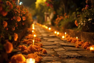 Day of the Dead Cemetery: Illuminated Path with Marigold Flowers and Candles, Mexico Night