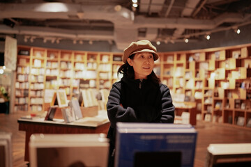 Young Woman Exploring the Aisles of a Cozy Bookstore