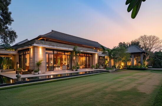 A photo of the front view of an elegant and modern Bali-style villa with a big garden, concrete walls, swimming pool