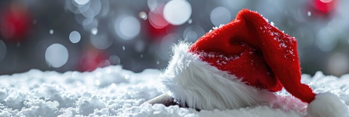Festive Winter Wonderland: Santa Hat on Shimmering Snow and Silver Background