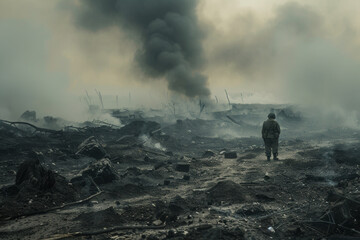 A solitary figure walks amidst devastation, clouds of smoke billowing in the aftermath. - obrazy, fototapety, plakaty