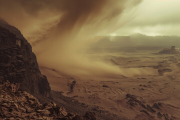 A mystical sandstorm sweeps across an otherworldly desert landscape at twilight.