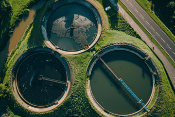 Aerial view of wastewater treatment plant basins in an intricate industrial setting.