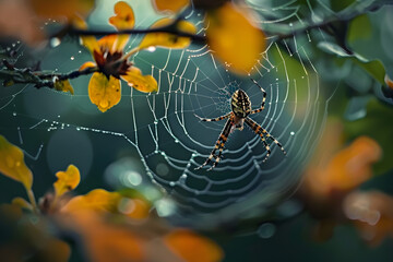 a close up of a spider on a web on a tree branch with water droplets on it's back and a blurry background of leaves and yellow flowers.