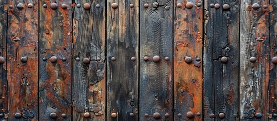 A detailed shot of a weathered wooden door adorned with metal rivets, showcasing intricate patterns and rustic charm on a building facade