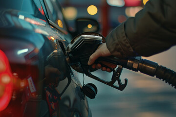 The warm glow of a fuel station at twilight as a hand refuels a car.