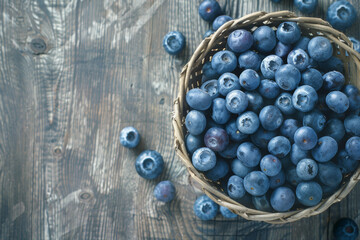 Delicate blueberries fill a woven basket, with a rustic wooden backdrop.