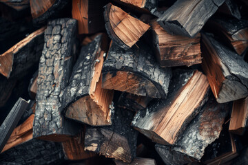 Pile of chopped firewood with a deep contrast of textures and dark tones.