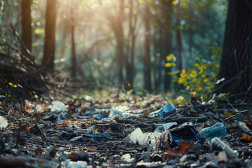 Obraz premium A haunting scene of a forest floor littered with discarded waste under a dim light.
