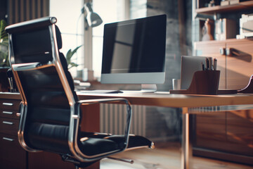 Stylish workplace with modern computer and ergonomic chair.