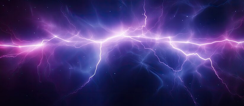 A vibrant purple and electric blue lightning bolt illuminates the dark sky during a thunderstorm, highlighting the cumulus clouds in the atmospheric atmosphere