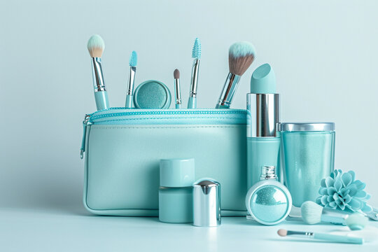 Make up products spilling out of a pastel blue cosmetics bag, isolated on a white background and blank space at side 
