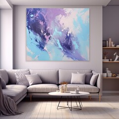 Splashes of bright paint on the canvas. purple, blue and white colors. Interior painting