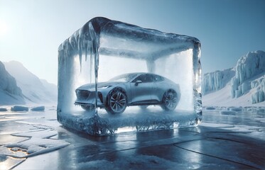 a car frozen inside a large ice cube