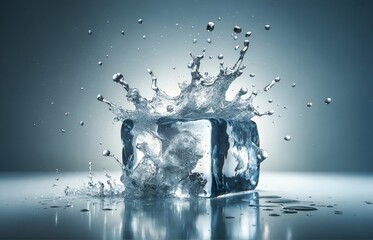 an ice cube with a splash of water - obrazy, fototapety, plakaty