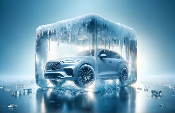 a car frozen inside a large ice cube
