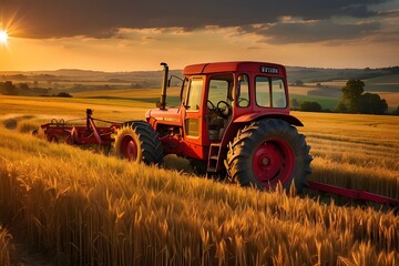 The vintage red tractor, with its sturdy frame and classic design, stands out against the backdrop of the golden wheat field. Its engine hums softly as it plows through the earth, leaving neat furrows