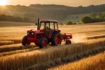 combine harvester working in the field, Picture a picturesque rural scene where a vintage red tractor takes center stage, plowing through a vast field of golden wheat. As the tractor moves steadily fo - obrazy, fototapety, plakaty