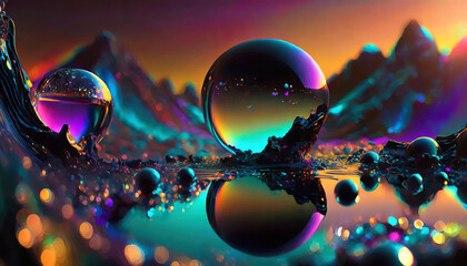 Abstract and colorful oily bubbles in liquid - obrazy, fototapety, plakaty