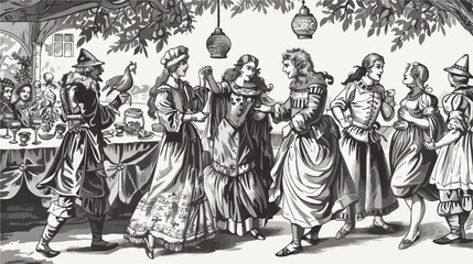 Medieval party. Engraved style. Vector illustration F