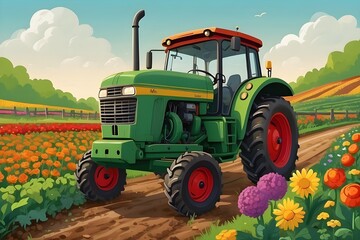 The green tractor is depicted with playful details, such as oversized eyes that gleam with friendliness and a wide grin that spreads from wheel to wheel. Its body is adorned with whimsical patterns an - obrazy, fototapety, plakaty