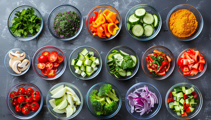 Food frame for rawfoodists. Set of different fresh raw vegetables in glass bowls. Ingredients for vegetarian dishes
