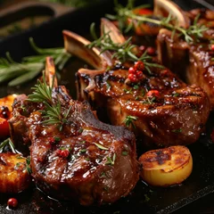 Foto op Aluminium Treat yourself to the culinary masterpiece of perfectly grilled lamb chops, seasoned to perfection for a mouthwatering dining experience. AI generative © Kamonwan