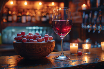 Glass of red wine on the table with grape wine and candles