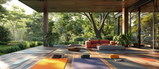 A cozy living room with a couch surrounded by yoga mats on the wooden floor, creating a peaceful atmosphere with plant decorations - obrazy, fototapety, plakaty