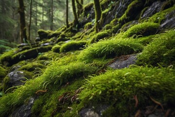 Obraz premium moss growing on a rock in a forest with rocks and trees,