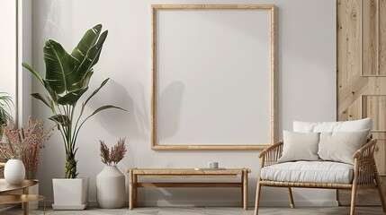 Empty wooden frame mockup on beige background. Wooden wall artistic scandinavian interior. Art concept