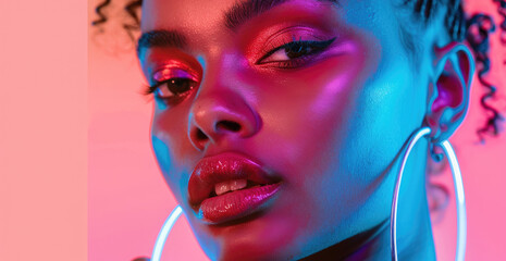 Beautiful woman with short hair and big hoop earrings, closeup of her face in neon light, high fashion makeup with shiny lipstick against a bright blue background