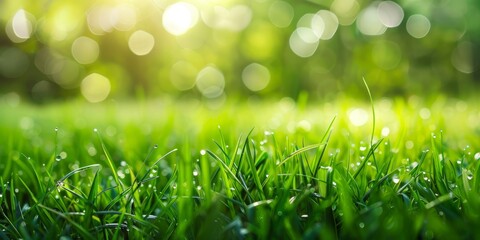Obraz premium green lawn grass with morning dew at sunrise against the background of a defocused blur effect