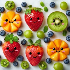 fruits and berries; playful illustrated faces on fresh fruits arranged on a white surface, perfect for kids' nutrition themes