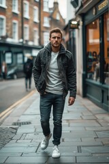 Obraz premium Stylish Man Walking Confidently in Urban Street. Generative ai