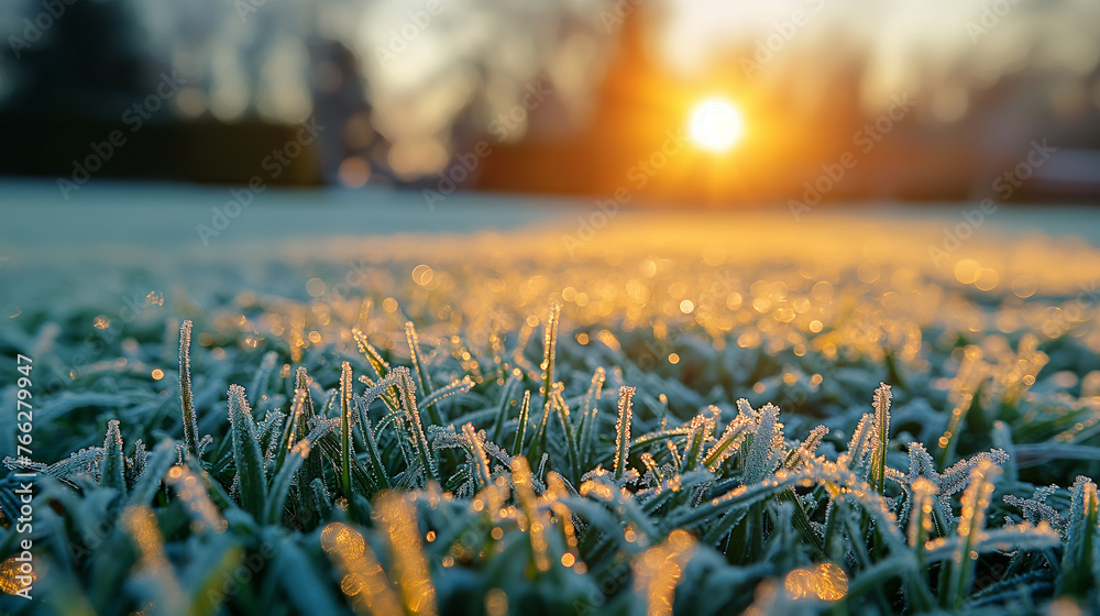 Wall mural Hoarfrost on green grass.