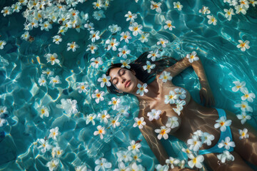 Beautiful girl lying in  blue water with tiare flowers
