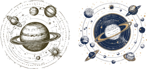 Hand drawn sketch planet earth orbit around sun, astrology circle universe - obrazy, fototapety, plakaty