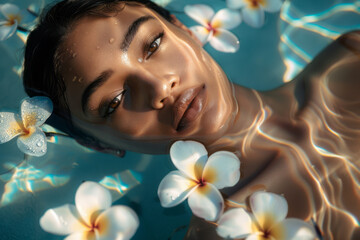 Portrait of a beautiful girl lying in  blue water with tiare flowers