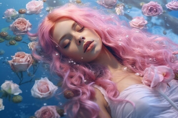 Portrait of a beautiful girl with pink curly hair lying in water with rose flowers