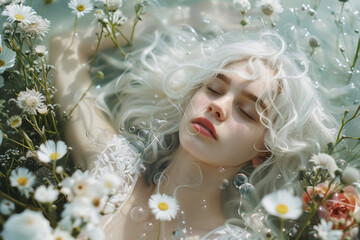 Portrait of a beautiful girl with white hair lying in water with daisy flowers