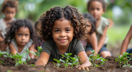 Smiling african american Children together Engaged in Planting Saplings. Environmental education activity, fostering an early appreciation for nature and the importance of plants