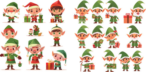 Funny Xmas winter baby dwarf little fantasy helper characters creature with gift, new year vector isolated symbols set