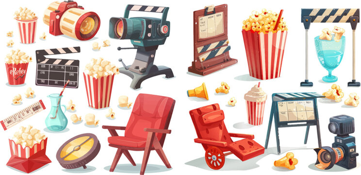 Movie theater popcorn, filming cinema clapperboard and retro film camera