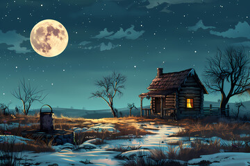 Cosy cottage on a quiet winter night with the moon in the sky