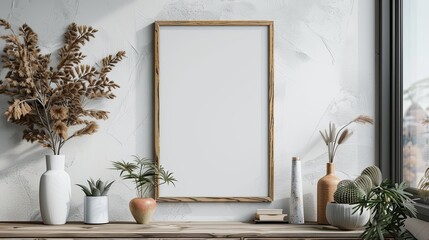 Empty wooden frame mockup on beige background. Wooden wall artistic scandinavian interior. Art concept