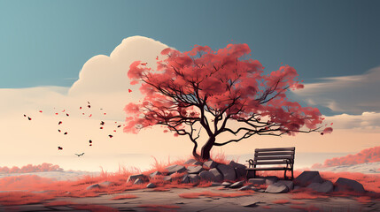 Serene Solitude: Surreal Autumnal Scene with a Crimson Tree and Empty Bench